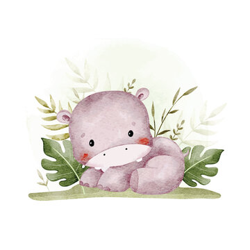 Watercolor Illustration of Baby Hippo and Tropical Leaves