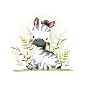 Watercolor Illustration of Baby Zebra and Tropical Leaves