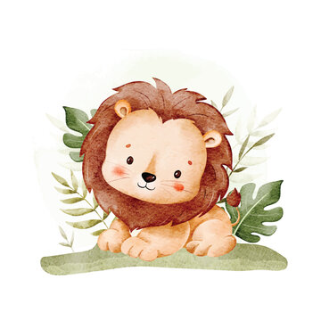 Watercolor Illustration of Lion and Tropical Leaves