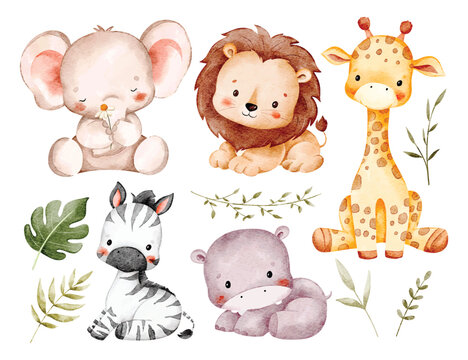 Watercolor Illustration Set of Safari Animals and Tropical Leaves