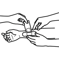 Obraz premium First aid treatment bandaging wound on hand line art