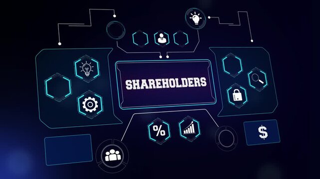 Shareholding and investor relations concept video featuring a futuristic digital interface for stock ownership explainers, corporate equity presentations, and financial promos