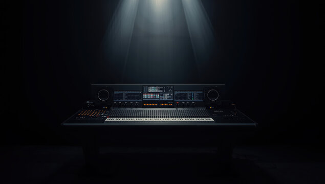 Control room mixing console illuminated by dramatic spotlight with cinematic mood