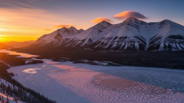 Aerial View Of Snowy Mountain Range Captured At Sunrise The Foreground Shows Frozen Lake Forest While The Background Features Stunning Golden Sky Used For Landscape Travel Projects