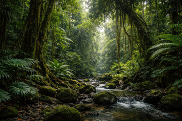 Fototapeta premium Lush rainforest with a stream and dense greenery.