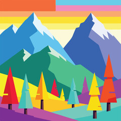 Fototapeta premium A colorful illustration of a mountain range with a forest