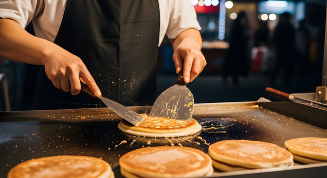 Street Food vendor pressing dough on a hot plate using metal spatulas