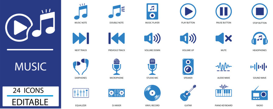 Music Audio Entertainment Sound Waveform Studio Vector Icon Set featuring Player, Radio, Speaker, Microphone, Equalizer, Note, Rhythm, Playlist, Instrument, Record symbols.