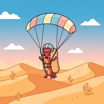 A whimsical cartoon depiction of a hotdog character joyfully skydiving above a vast desert landscape with cacti and fluffy clouds
