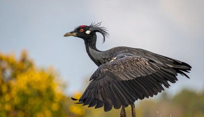 Fototapeta premium Black crowned crane with spread wings.
