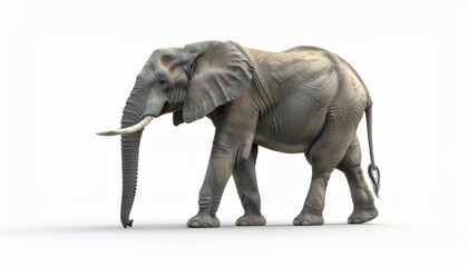 Fototapeta premium Majestic African elephant walks gracefully across a pristine white background, showcasing its powerful presence and iconic tusks in a detailed, realistic depiction