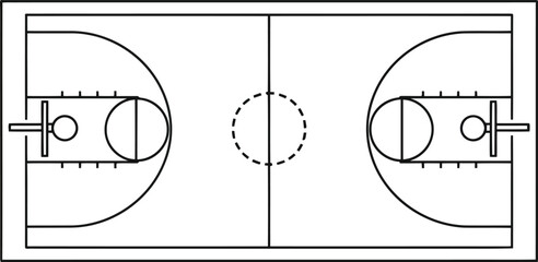 Top view schematic illustration of a professional basketball court layout with standard markings and hoops © SAIF820