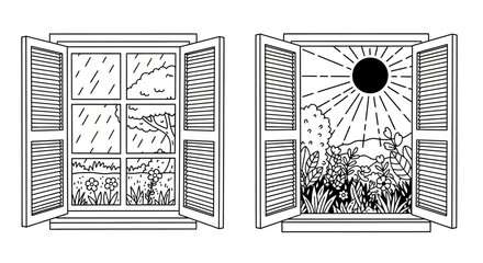 Fototapeta premium Open Windows Depicting Stark Contrasts From a Gloomy, Rainy Storm to a Bright, Sunny Day with Flourishing Nature, Symbolizing Shifting Moods and Seasonal Transformations