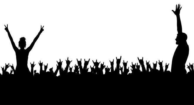 Silhouette crowd cheering with hands in the air at a concert or festival event