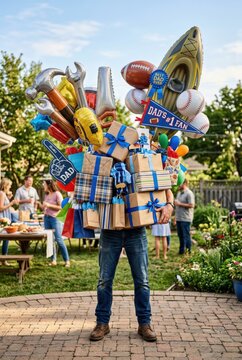Father carrying massive pile of gifts and balloons at backyard party for humorous celebration of Dads Day promotions with colorful sports and tool props