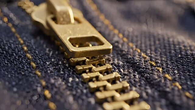 Closeup Macro Shot of a Brass Zipper on Dark Denim Fabric.