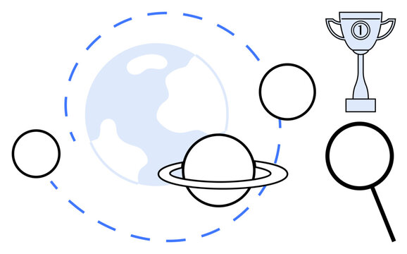 Planetary exploration. Planet ation with space elements and orbit illustration. Planetary exploration concepts for space research, science achievements, education, and innovation