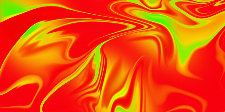 Abstract fluid background with vibrant red and neon green flowing liquid marble texture
