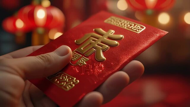 Hand holding a red envelope with gold Chinese characters.