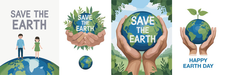 Save the earth and happy earth day posters featuring of human hands holding a blue and green globe with leaves and people standing on of the in a flat style © Badhan