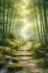 Fototapeta premium A serene pathway through a lush bamboo forest.