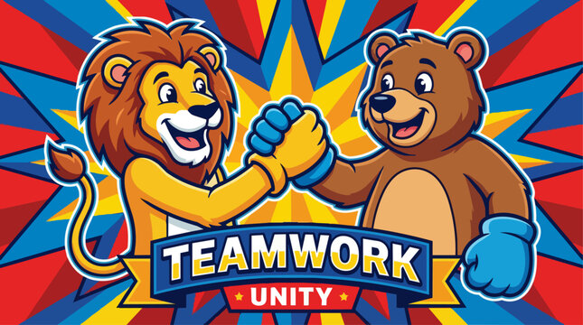 Teamwork Unity Between Lion And Bear Illustration.