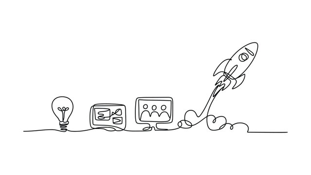 Continuous line drawing of a startup process from an idea lightbulb to a successful rocket launch depicting business growth and innovation line art