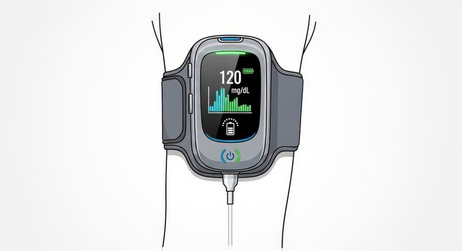 Digital glucose monitoring device attached to a human arm displays blood sugar levels and battery status.