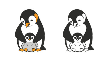 Obraz premium Cute Penguin Parent and Baby Chick Vector Illustration and Coloring Page Set for Kids Activity