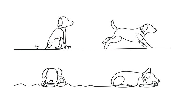 Continuous line drawing of dog and cat playing tug of war with rope toy in four stages line art