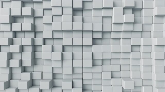 A 3D rendered wall comprises a multitude of white cubes, randomly arranged to create a textured and abstract surface