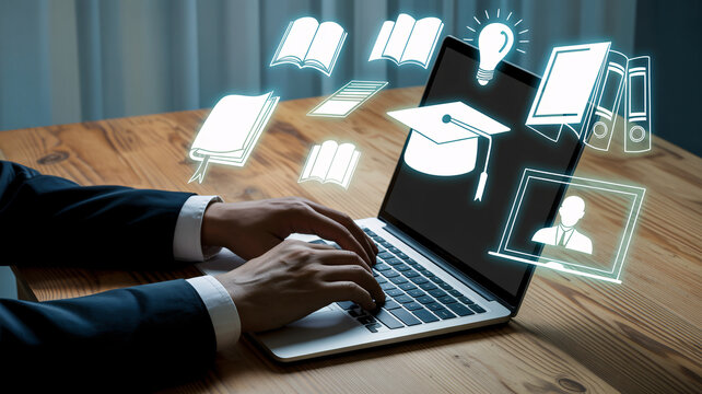 A person in a suit using a laptop with education icons floating above