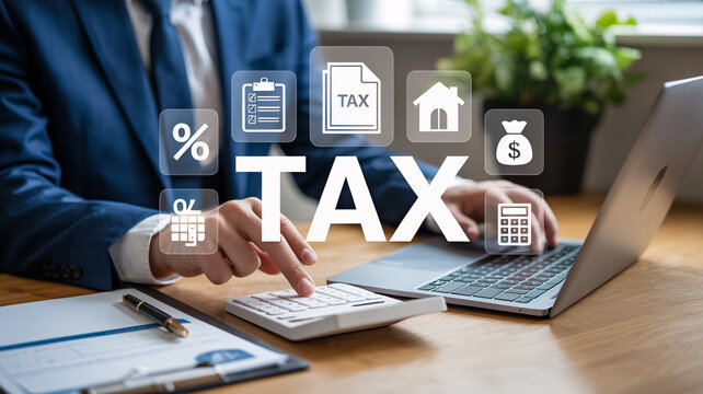 A businessman calculating tax on a calculator at his desk