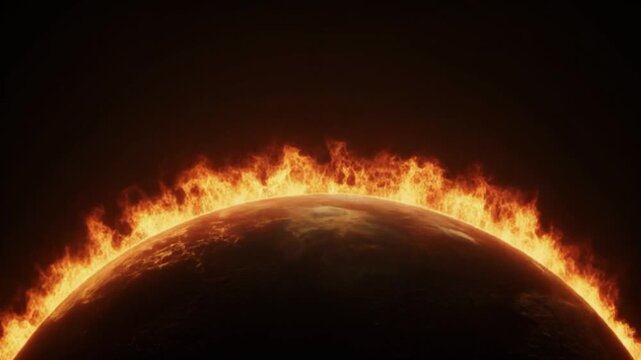 Intense orange flames rising from the curve of the Earth. A high-impact visual for documentaries, news segments on heatwaves, and conceptual storytelling about the future of our planet.