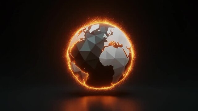 Minimalist geometric planet Earth engulfed in glowing orange particles. Ideal for sustainability reports, climate change awareness, and tech-driven environmental conservation storytelling.