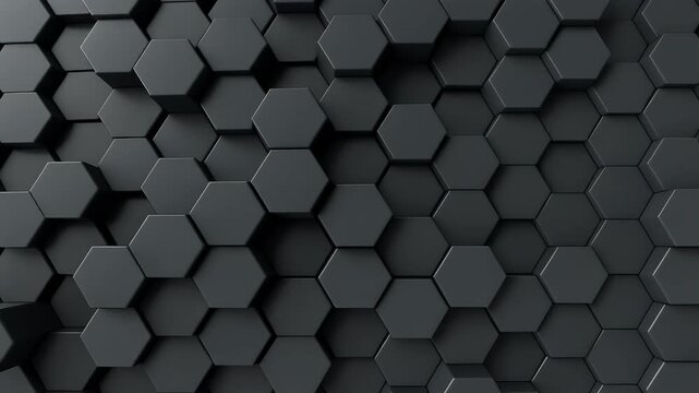 A dark gray, 3D abstract illustration featuring a tessellated honeycomb pattern with varying depths