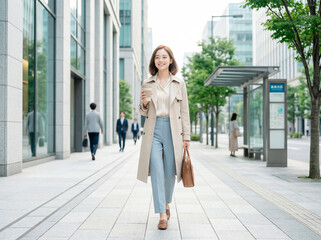 Obraz premium ビジネス街を歩くトレンチコートの女性