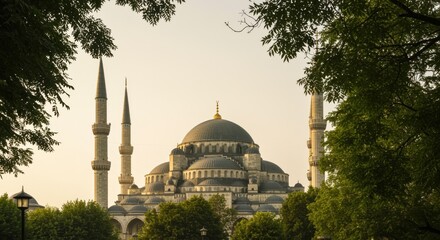 Fototapeta premium Majestic mosque with tall minarets and central dome framed by green tree foliage during golden hour, spiritual architectural landscape for travel editorial background