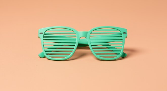 Mint green shutter shades glasses resting on a peach background in a minimalist flat lay for retro fashion branding and playful creative accessory advertising