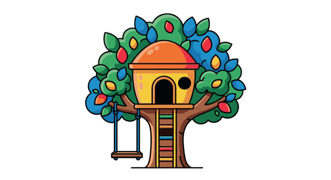 A vibrant and playful vector illustration of a whimsical treehouse featuring a ladder and a wooden swing, perfect for children's books and educational designs.
