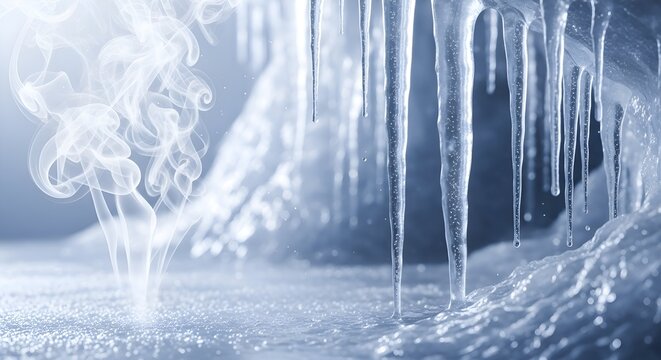 Frozen cave with icicles and mystical blue smoke rising from icy ground