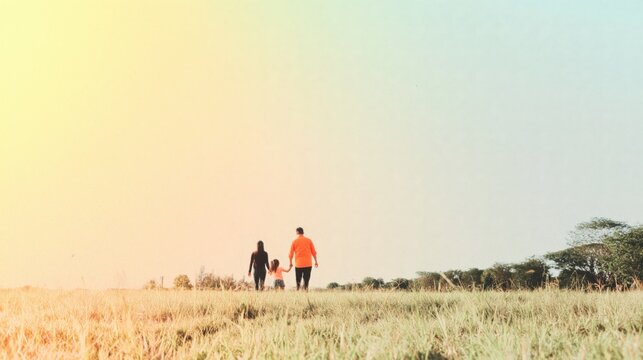 Rear View of an Asian Family Walking Through a Sunlit Field Holding Hands for a Life Insurance Campaign or Banking Advertisement with Large Copy Space Background