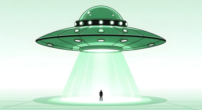 A vibrant illustration of a classic green flying saucer hovering majestically above a lone human figure, who stands calmly enveloped in an ethereal, luminous abduction beam, creating an iconic, myster