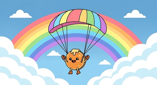Animated pancake with syrup smiling and parachuting under a colorful rainbow in a blue sky filled with clouds