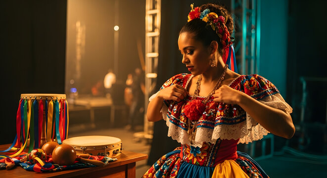 Beautiful performer in a colorful floral costume with ribbons and headpiece standing next to musical percussion instruments