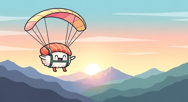 Animated sushi piece with a happy expression skydiving with a parachute at sunset. Mountains and sky in the background