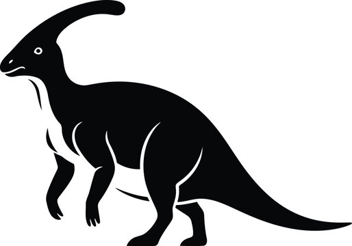 black silhouette of a parasaurolophus dinosaur, side view, white background