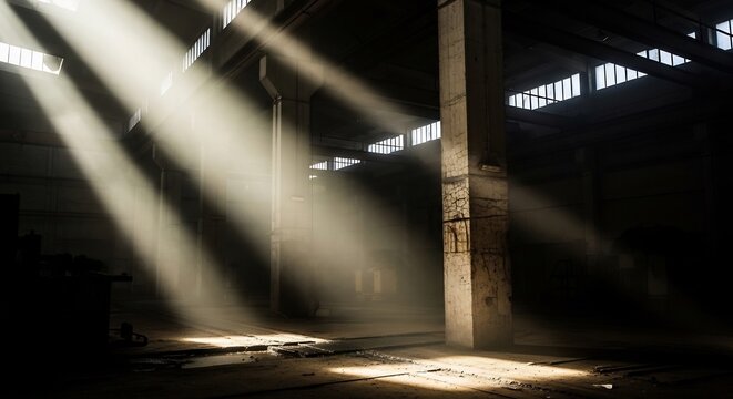 Sunbeams illuminate abandoned industrial warehouse interior with dramatic light shafts.