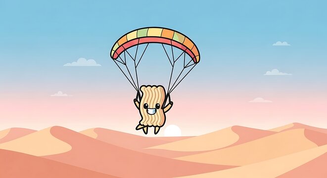 A cartoon noodle character is skydiving over a desert landscape with a colorful parachute under a light blue sky