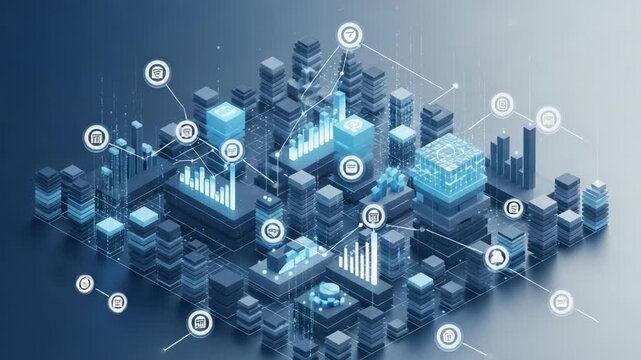 Abstract digital cityscape representing data analytics, network connections, and smart technology infrastructure with glowing blue elements and interconnected nodes.